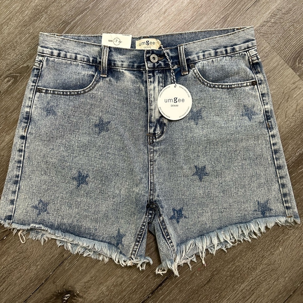 Umgee Light Blue Distressed High Waist Star Print Denim Shorts